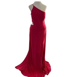 NWT Jump Apparel One Shoulder Cutout Formal Gown Fuchsia Sweep Train 9/10